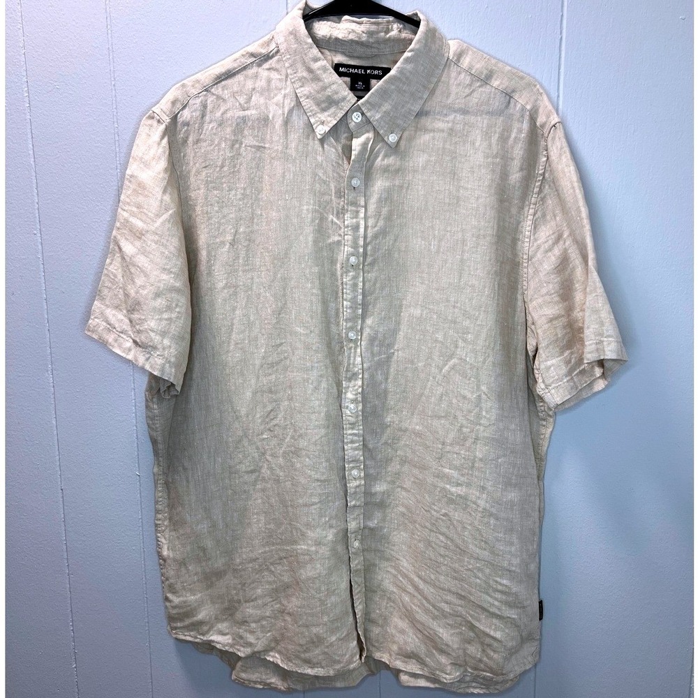 Michael Kors Mens Linen‎ Button Down Shirt Size XL Short Sleeve Slim Fit Summer